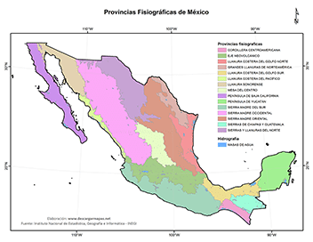 Mapa de relievo, provincias fisiográficas de México